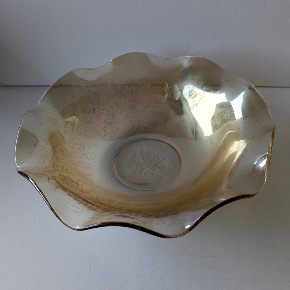 Vintage Jeannette Glass 11" Louisa Floragold Iridescent Ruffled Bowl Carnival